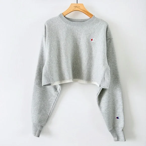 Champion Reverse Weave Cropped Sweatshirt Gray Logo Pullover Small - Picture 2 of 14
